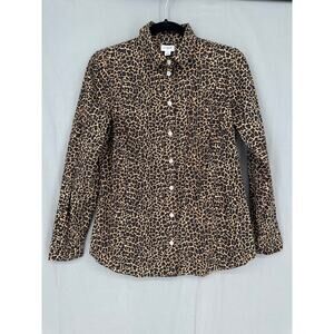 J Crew Top Shirt Womens Small Brown Animal Print Cheetah Leopard Button Cotton
